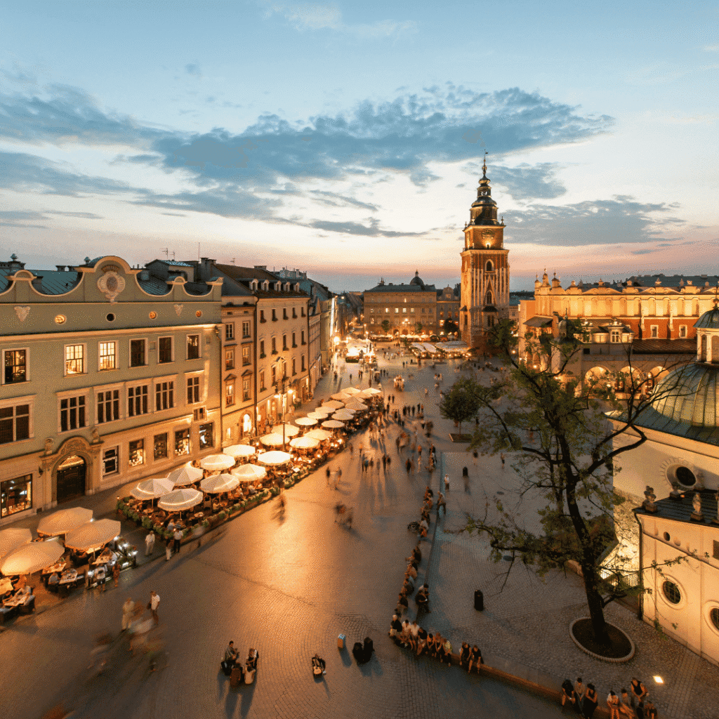 Krakow Main Square in Poland representing online Polish language courses with Cosmos Language School