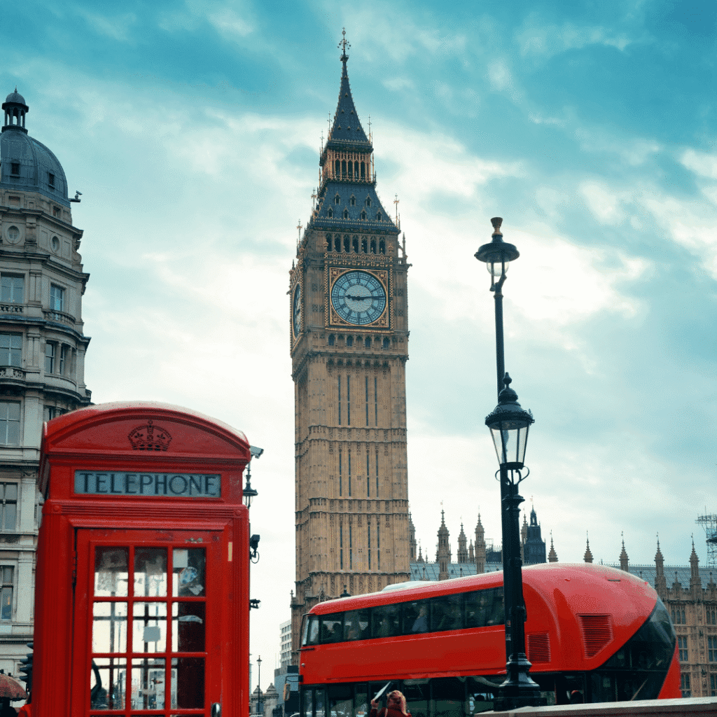 Iconic Big Ben and red telephone box in London representing online English language courses with Cosmos Language School