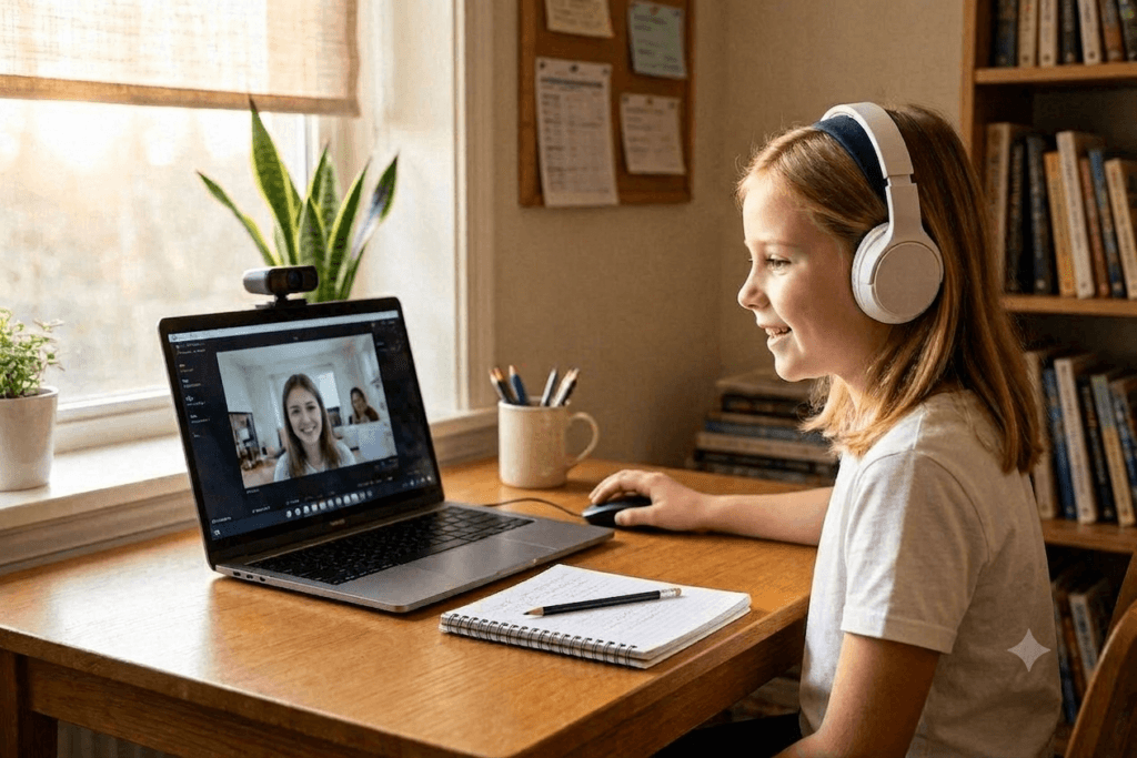 Student learning English online in a 1:1 mentorship course with Cosmos Language School